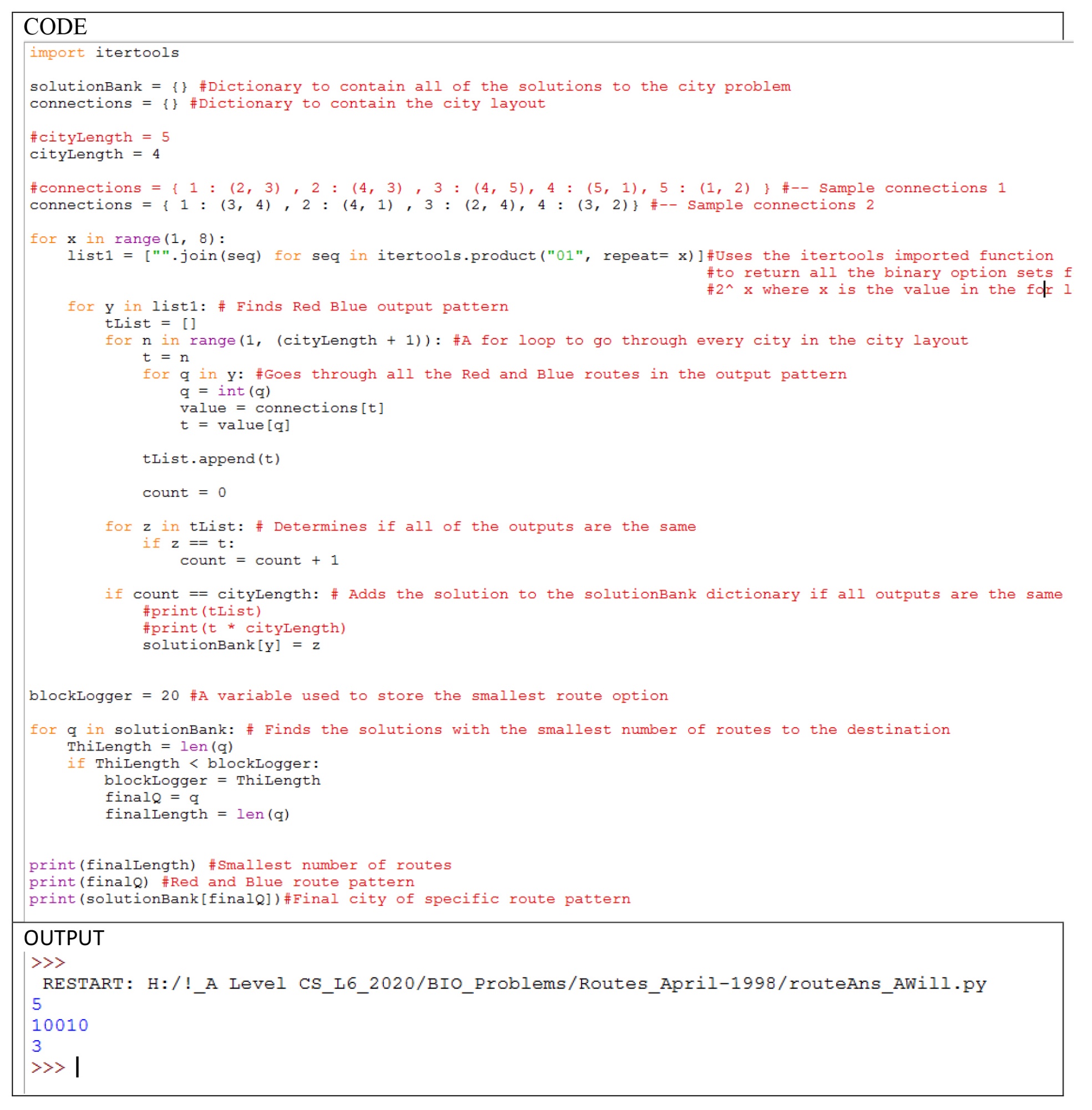 Table 2: Shows the code and output for one case from CODED SOLUTION 2 using Brute Force