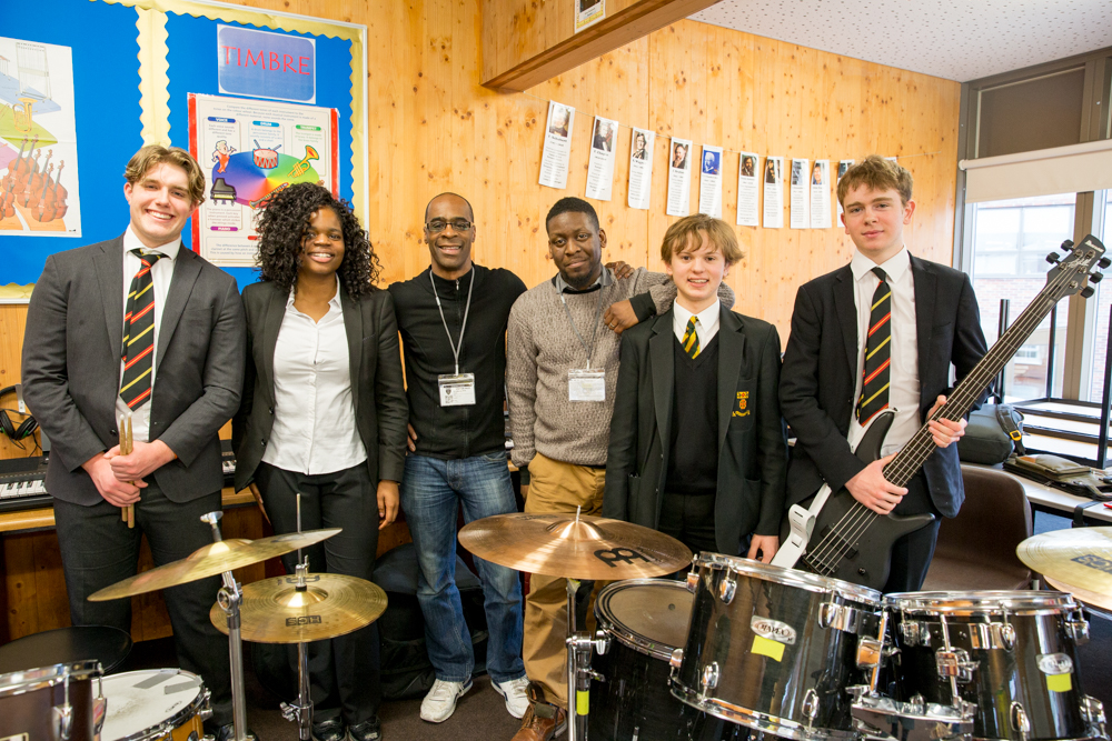 Marcel Pusey and Sam Blue with some of St Benedict's jazz musicians